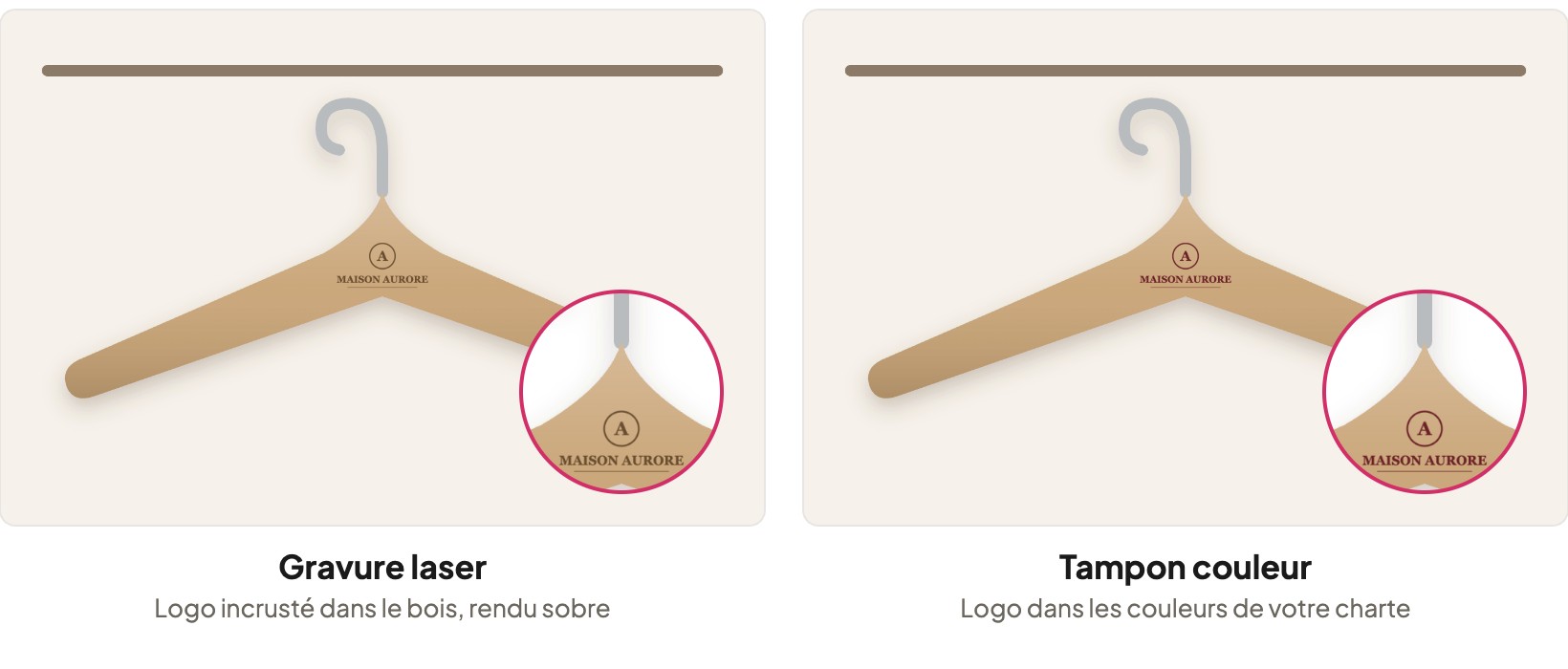 Aperçu comparatif : logo gravé au laser dans le bois du cintre et logo apposé au tampon couleur